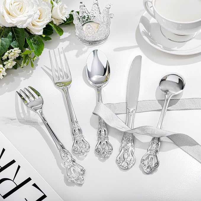 150PCS Silver Plastic Silverware - Heavy Duty Silver Disposable Cutlery - Fancy Plastic Utensils Flatware Include 50 Forks, 50 Spoons, 50 Knives for Catering, Parties, Dinners, Weddings