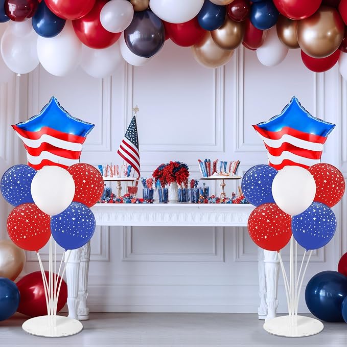 4th of July Balloons Stand Kit 2 Sets with 2 America Flag Star Foil Balloon Patriotic Red White and Blue Party Balloon Centerpiece for Tables for 250th Anniversary Independence Day Party Decorations