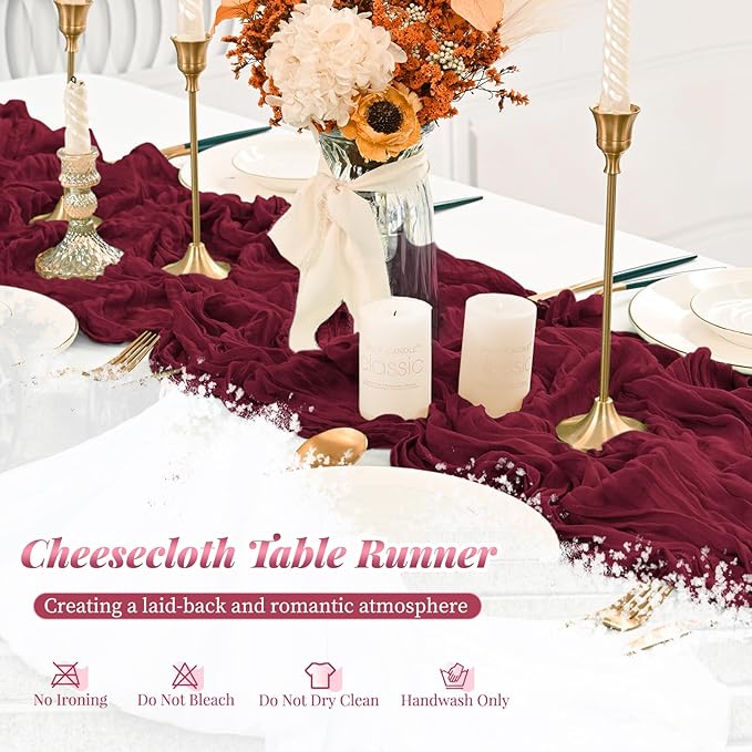 12 Pack Burgundy Cheesecloth Table Runner, 10FT Cheesecloth Rustic Boho Table Runner Long Romantic Semi Sheer Table Runner for Wedding Baby Shower Birthday Bridal Party Decorations(21.5×120 Inch)