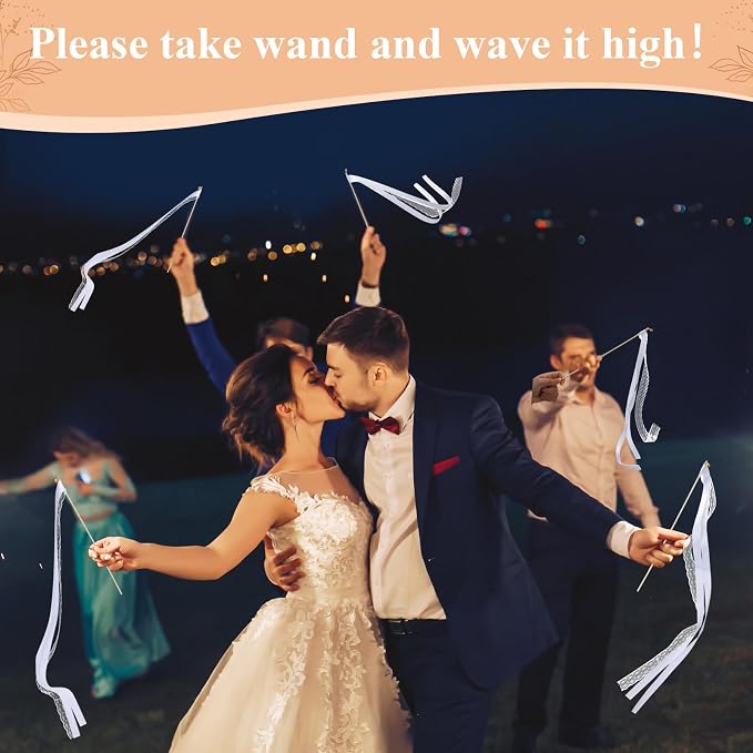 Reallnaive 103 Pcs Wedding Ribbon Stick Wand with Metal Buckets and Acrylic Sign, Party Magic Fairy Wand with White Lace Ribbon and Gold Bells for Wedding Party Favor Decor