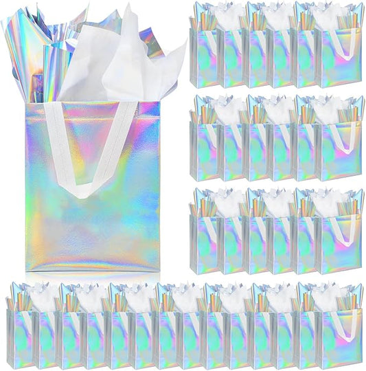 ZIFTY 32PCS Goodie Gift Bags with Handles, Reusable Non-woven Holographic Iridescent Gift Bags Bulk with Tissue Papers for Birthday, Wedding, Easter, Christmas, Holiday Party Favors 8W x 4L x 10H