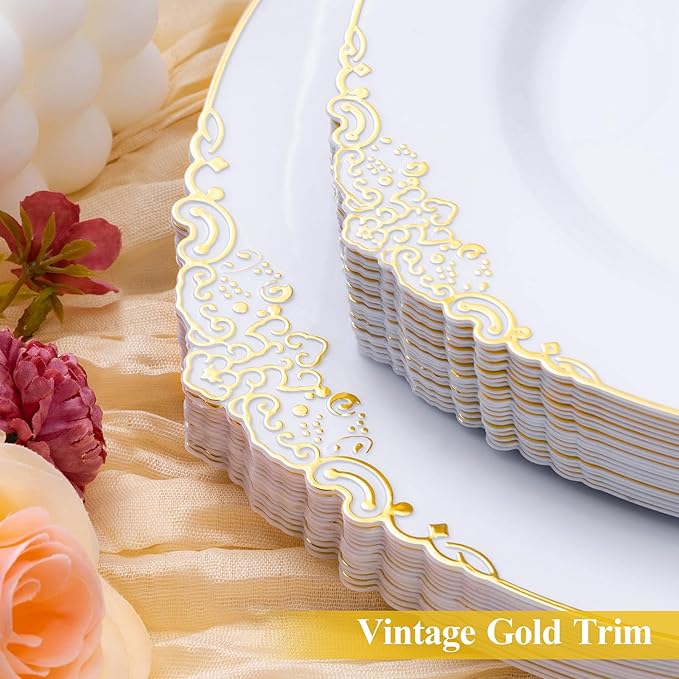 Bestluck 200 PCS White and Gold Plastic Plates for 100 Guests, Gold Disposable Plates Include 100 PCS Dinner Plates, 100 PCS Dessert Plates for Party, Wedding and Graduation