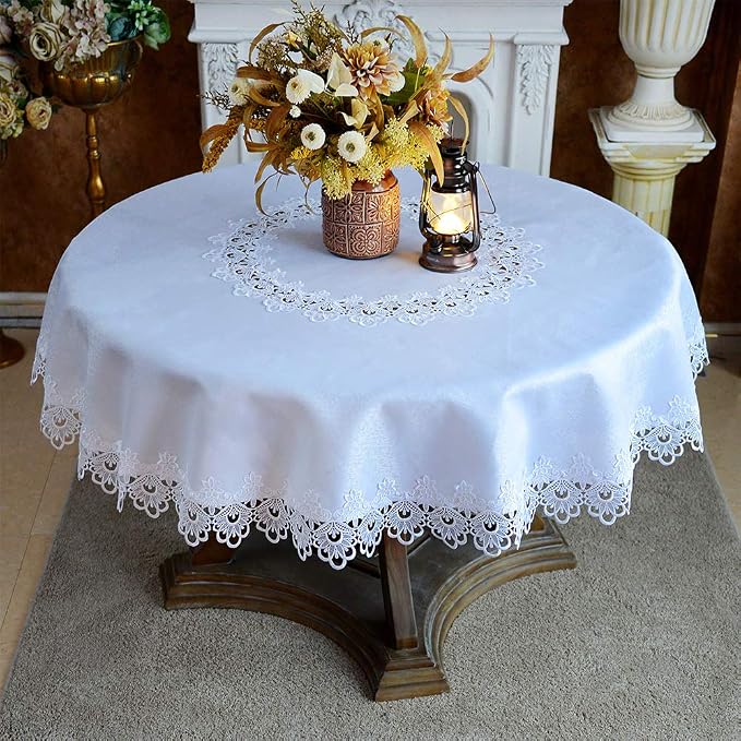 ARTABLE Round Tablecloth Lace Rustic Macrame Embroidered Table Cloths for Harvest Dresser Decor Farmhouse Kitchen Home (White, 90" Round)