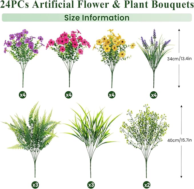 Alupssuc 24 Bundles Artificial Flowers for Outdoors Planters Spring Decoration, UV Resistant Faux Eucalyptus Violet and Lavender Silk Fake Plants for Outside Indoor Yard Home Patio Decor, Mix 3 Colors