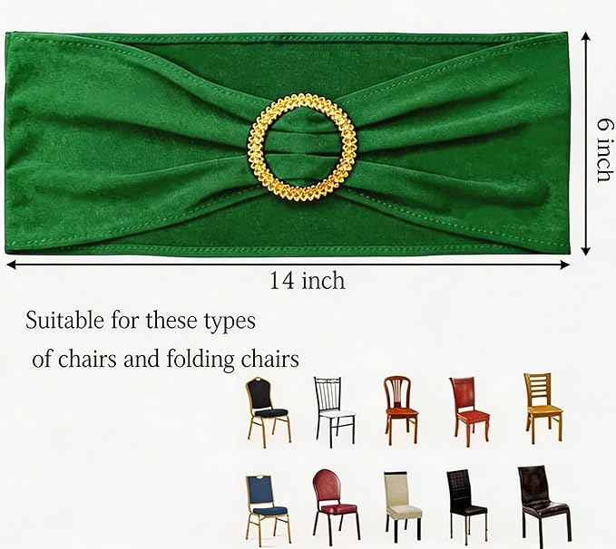 Pack of 50 Spandex Green Chair Sashes with Gold Buckles, Stretch Chair Sashes for Wedding Party Baby Shower Ceremony Event Decorations Chair Bands Bows (Green Sashes, Gold Buckles)
