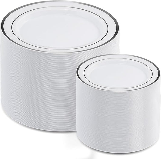 AOZITA 200Pcs Silver Plastic Plates, Disposable Plastic Party Plates for Party, Wedding and Birthday