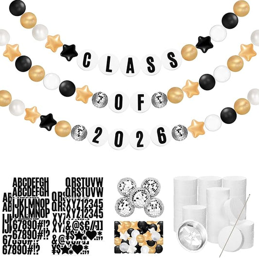 Simgoing Giant Friendship Bracelet Garland Kit DIY Banner with Letter Ball Jumbo in My Birthday Era Decorations for Classroom Graduation Party Supplies Photo Booth Backdrop(Black, Gold, White)