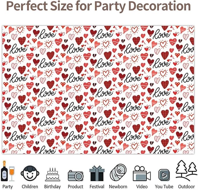 12x6ft Vinyl Valentines Backdrop White and Red Love Heart Photography Background Engagement Bridal Happy Valentine's Day Party Decorations Photo Props