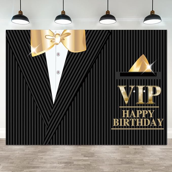 10x7ft Happy Birthday Backdrop VIP Photography Background Gentleman Black Tuxedo Suits White Shirts Gold Bow Tie Men Birthdays Party Banner Decorations Boys Kids Portrait Photo Booth Prop