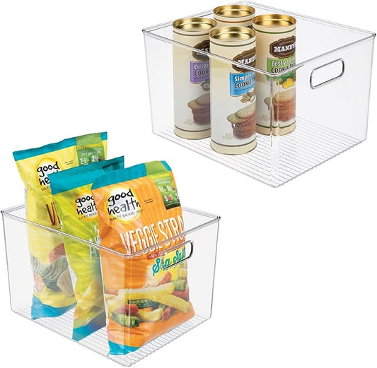 mDesign Plastic Modern Kitchen, Pantry Food Storage Container Bin w/ Handles - Cabinet, Fridge/Freezer, Countertop Organizer - Snacks/Drink/Appliances; Ligne Collection, Clear, 12x10x7.75 (Pack of 2)