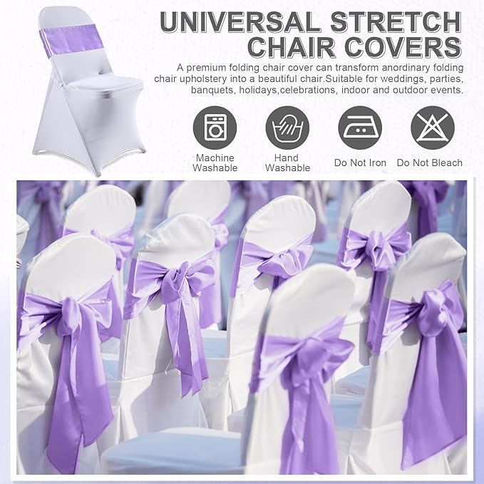 Lounsweer 50 Pcs Folding Chair Cover Set with 25 Stretch Spandex Slipcovers 25 Satin Chair Sashes Bows Ribbon Washable Banquet Protector for Wedding Event Party(White, Lavender)