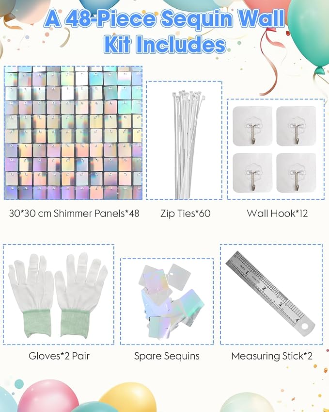 48 Pcs Iridescent Silver Shimmer Wall Backdrop Panels for Party, Mjkeomo Iridescent Silver Sequin Backdrop for Birthday Graduation Home Party Decorations Anniversary Wedding Christmas Decor