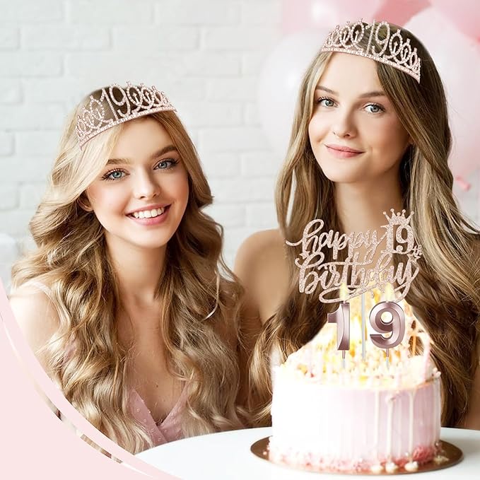 19th Birthday Decorations for Girl, Including 19th Birthday Tiara and Sash, Cake Topper and Candles, Number Balloons, Greeting Card, 19 Year Old Gifts for Girls
