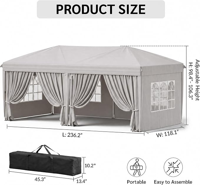KIGOTY 10x20 FT Portable Pop Up Canopy Tent, Adjustable Height Instant Gazebo with Sidewalls, Sandbags, Waterproof Outdoor Canopy for Camping, Parties, Vendor Events (White, 3m × 6m with sidewalls)