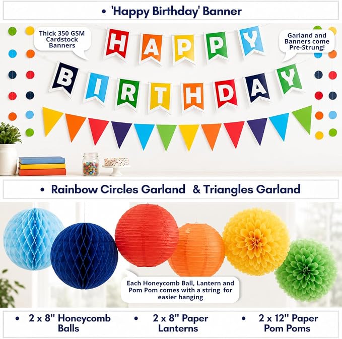 489 Pc Rainbow & Colorful Birthday Party Decorations Kit 25 Guests | Rainbow balloon arch, banner, tableware, cake toppers & sash; reusable, indoor/outdoor party kit for boys & girls, serves 25