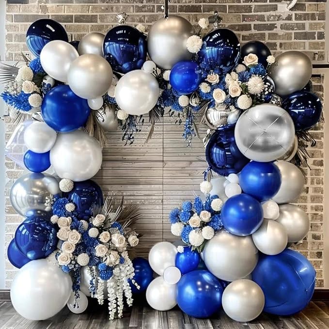 Navy Blue White Balloons Royal Blue Silver Balloon Garland Arch Kit for Birthday Baby Shower Graduation Bridal Shower Business Party Decorations