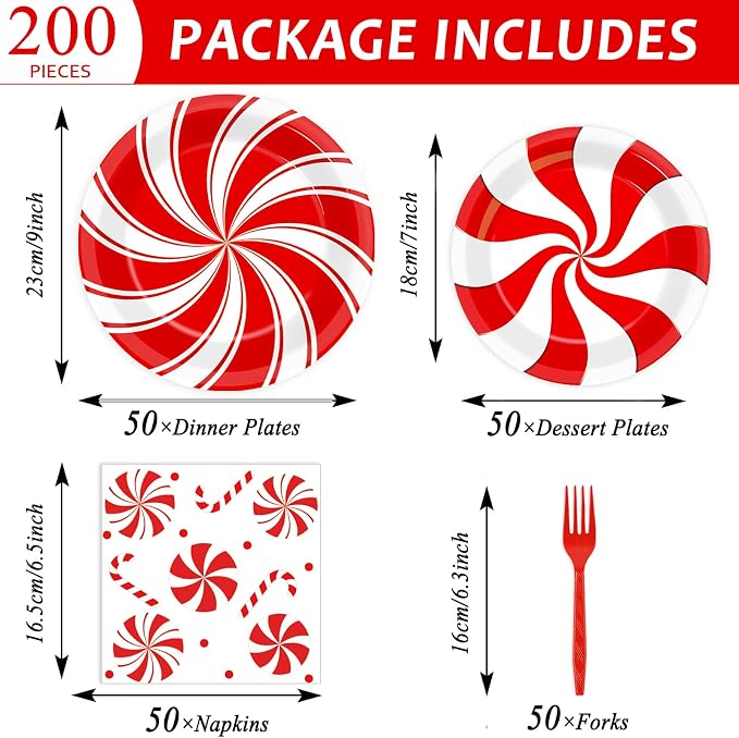 gisgfim 50 Guests Christmas Peppermint Candy Party Supplies Candy Mint Plates and Napkins Forks Xmas Tableware Red and White Striped Paper Plates for Holiday Party 200PCS