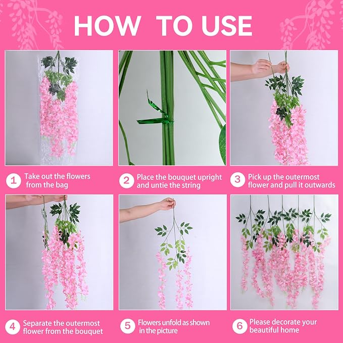 50 Pack Pink Wisteria Hanging Flowers,Fake Hanging Wisteria Flowers Garland for Decoration (3.6 Ft/Pcs)