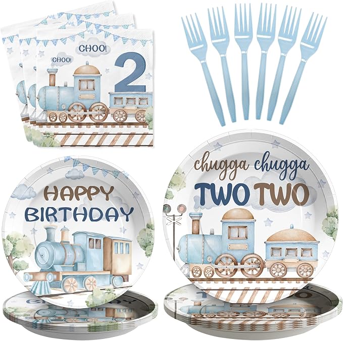 96Pcs Chugga Chugga Two Two Birthday Party Decorations Watercolor Train 2nd Paper Plates Retro Blue Disposable Choo Choo I'm 2 Tableware Set for 2 Year Old Birthday Party Supplies, Serves 24