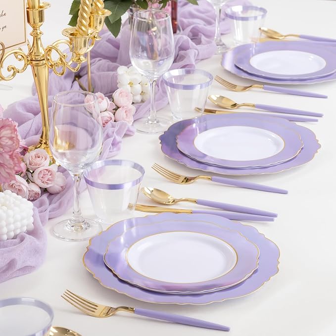 WDF 60pcs Purple Plates Disposable with Gold Rim - Baroque Light Purple Plastic Plates - Lavender Plates for Spring/Wedding/Birthday
