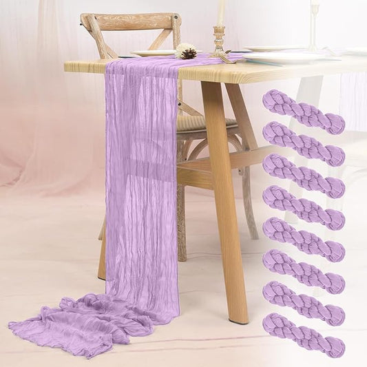 8 Pack Lavender Cheesecloth Table Runner 10FT Lilac Purple Boho Gauze Cheese Cloth Table Runner Rustic Sheer Fabric Table Runners for Wedding Bridal Shower Baby Shower Party(21.5×120 Inch)