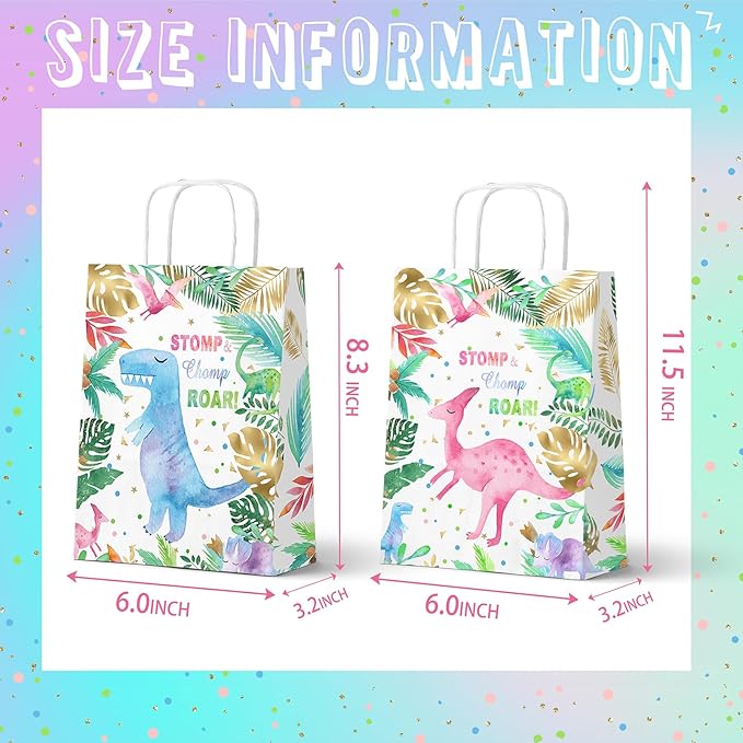 HaPiBiDesign Dinosaur Party Favor Bags, 24 Pack Dinosaur Goodie Bags with Handles, Girl Dinosaur Gift Bags, Pink Dinosaur Treat Bags for Kids Birthday Party, Dinosaur Party Supplies