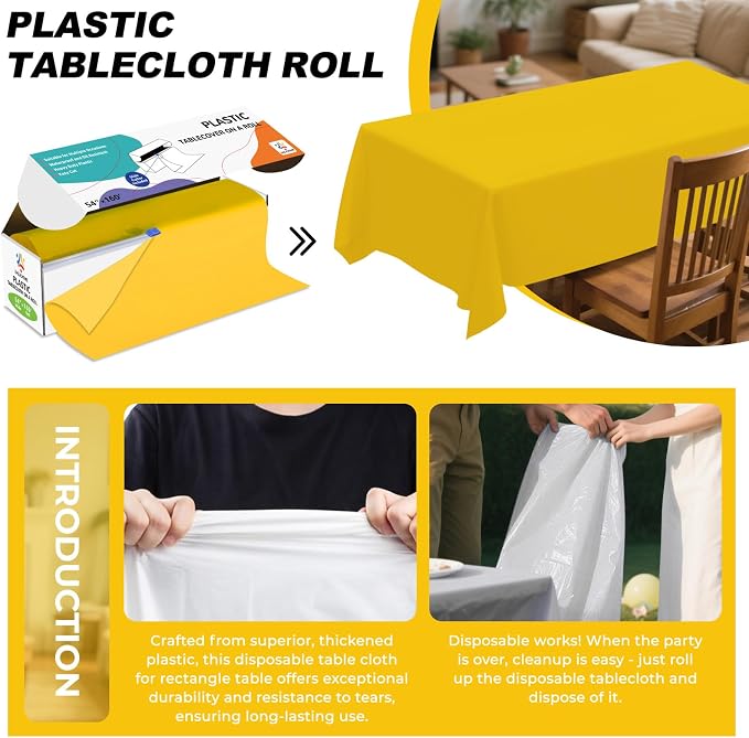 54IN X 160FT Plastic Table Cover Roll with Cutter Box, Cut to Size Plastic Table Cloths for Parties, Birthday, Disposable Tablecloth Roll for All Shape Tables (Yellow, 54 Inch X 160 Feet)