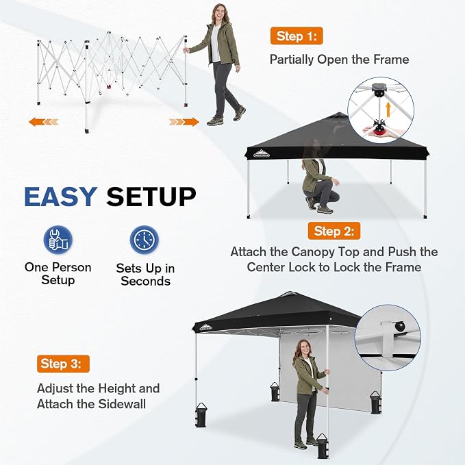 EAGLE PEAK Commercial Canopy 10x10 Pop Up Canopy Tent with 1 Sidewall, Easy Setup Heavy Duty Instant Event Shelter for Vendors & Markets, Outdoor Sun Shade, Black