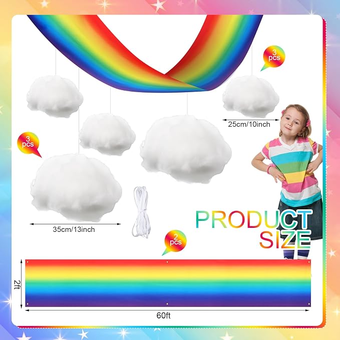 9 Pcs Rainbow Party Ceiling Decorations Kit Include 12 x 2 ft Rainbow Fluorescent Light Covers 6 Packs 3D Cloud Props Hanging Decor for Classroom Birthday Nursery Daycare Decor