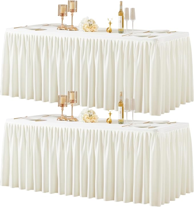 2 Packs Ivory Spandex Tablecloths Rectangle Tables 4ft, Stretch Fitted Table Covers for 4 Foot Tables Wrinkle Free Rectangle Table Cloth with Skirt for Birthday Party Events Banquette Baby Shower
