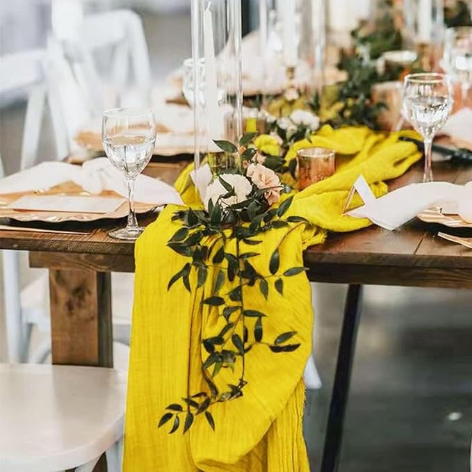 12Pack Yellow Table Runner 10Ft Cheesecloth Table Runner Boho Long Yellow Cheese Cloth Table Runners for Wedding Party Bridal Shower Thanksgiving Christmas