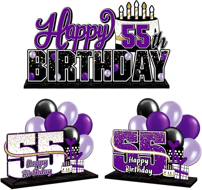 LINGTEER Happy 55th Birthday Purple Acrylic Table Topper Centerpieces Set - Cheers to 55 Years Old Birthday 55th Bday Party Gift Decorations.