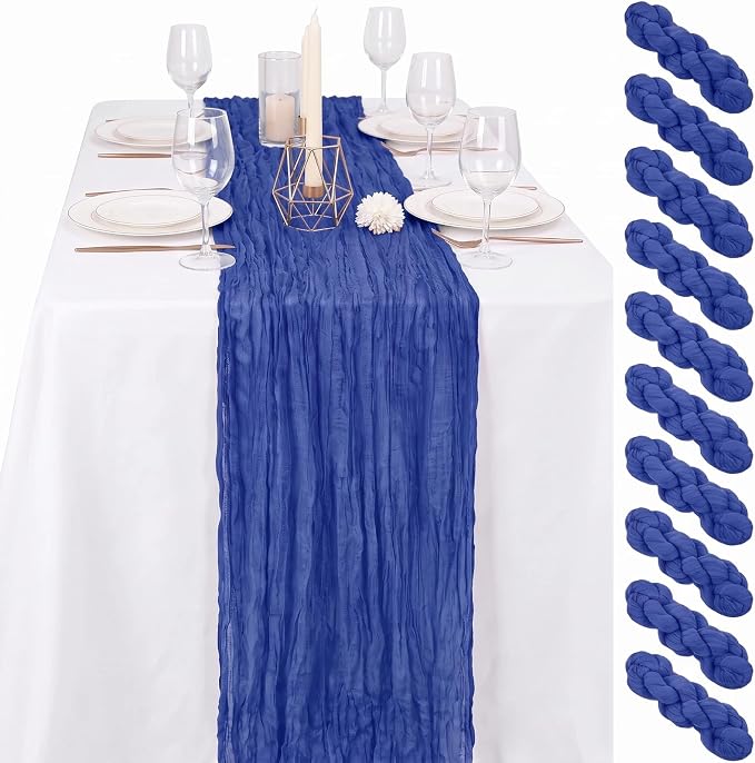 10 Pack Roal Blue Cheesecloth Table Runner 17"x108" Boho Gauze Fabric Table Runner Vintage Rustic Sheer Runners for Wedding Party Bridal Baby Shower Table Decorations