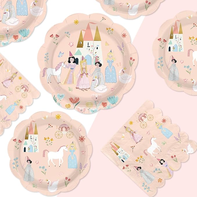 250Pcs Princess Birthday Party Decorations Pink Fairytale Plates Napkins Cups Scalloped Edge Disposable Tableware Set for Girls' Princess Themed Birthday Baby Shower Party Supplies Serves 50