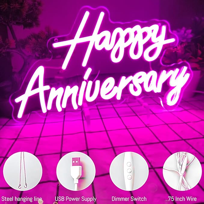 Happy Anniversary Neon Sign - Wedding Birthday Party Decoration Neon Light for Bedroom,Living,Home Bar Valentine's Day Anniversary Decor Gift (pink)