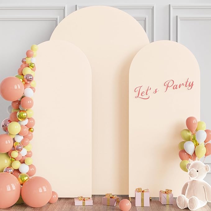 Wokceer Wedding Arch Cover 7.2FT, 6FT, 6FT Spandex Set of 3 Wedding Arch Stand Covers Round Top Chiara Arch Backdrop Stands Cover for Birthday Party Ceremony Banquet Decor Beige