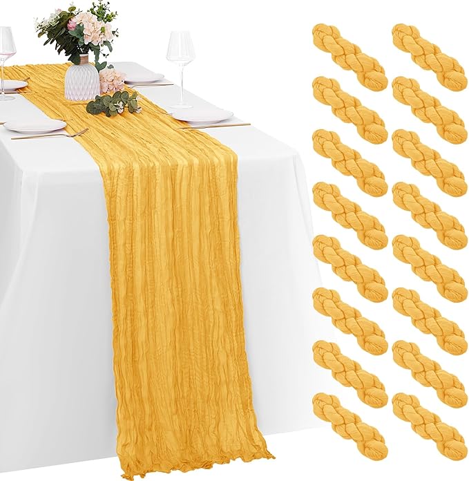 16 Pack Gold Cheesecloth Table Runners 20x120 Inch Gauze Table Runner 10FT Easter Cheese Cloth Table Runner Rustic Sheer Runner for Wedding Baby Shower Birthday Party Table Decor