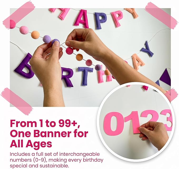 Pre-Strung Felt Happy Birthday Banner Decorations for Women Men | 3D Pink Birthday Party Decorations Sign with Replaceable Numbers 0-9,Multicolor Felt Ball & Triangle Flags Garland (Pink)