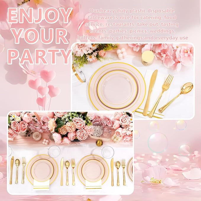 GATHER 350PCS Pink Plastic Plates - Disposable Plastic Dinnerware Set Include 100 Pink Plates, 150 Silverware, 50 Napkins, 50 Cups for Party & Wedding & Baby Shower & Mother‘s Day