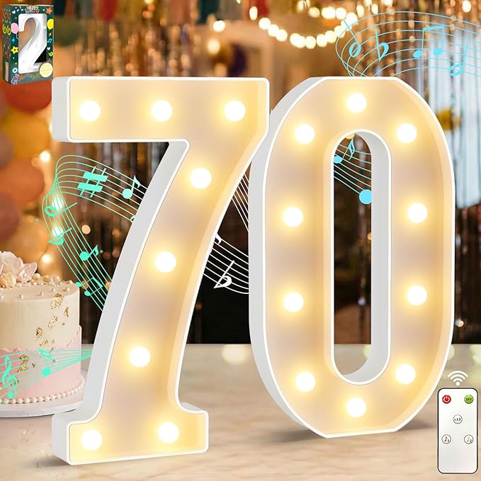 12.6 Inch LED Marquee Light Up Numbers 70 with Happy Birthday Music, Remote 70th Birthday Number Lights as Gifts for Women Men, Lighted Marquee Numbers for Table Party Decorations