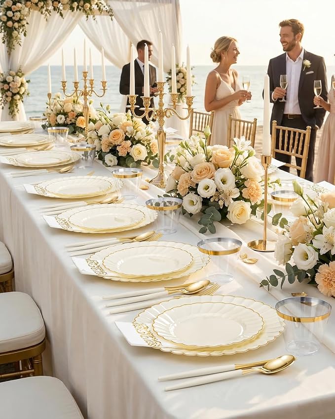 Ciaell 175 PCS Ivory Scalloped Plastic Plates - Gold Disposable Plates Fancy High-end Dinnerware Sets for Wedding & Party (25 Guests)
