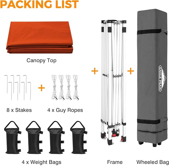 EAGLE PEAK Pop Up Canopy Tent with Wheeled Carry Bag, 8 Stakes, 4 Ropes, 4 Weight Bags, Easy Set Up Tent Canopy, 10x10 ft, 100sqft of Shade, Brick Red