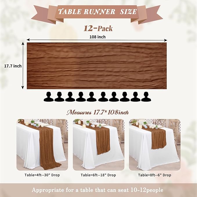 Pesonlook 12 Pack Cheesecloth Table Runner,Brown Table Runner Long Romantic Semi Sheer Rustic Boho Gauze Table Runners for Wedding Bridal Shower Birthday Party Decorations(17.7×108 Inch)