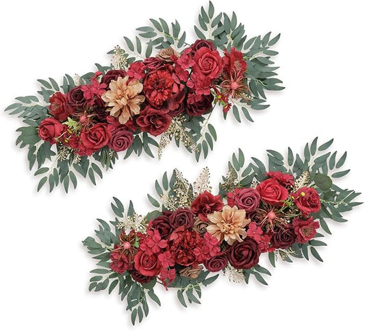 TINGE TIME Red Flower Garlands, 2 PCS Artificial Eucalyptus, Handcraft Artificial Rose for Arch, Wedding, Sweetheart Table, Ceremony, Backdrop Decorations for Home (Cinnamon Rose)