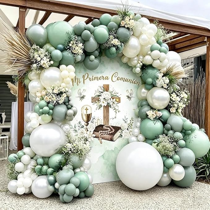 Sage Green White Balloon Garland Double Stuffed Dusty Green White Pearl Balloons Olive Pastel Balloon Arch Kit for Baby Shower Bridal Shower Birthday Easter Baptism Graduation Party Decorations
