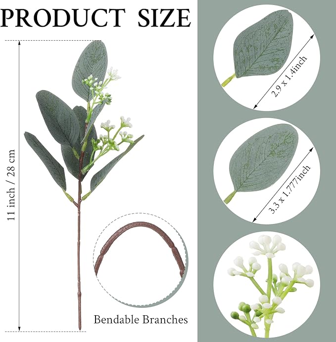 Janinka 60 Pcs Artificial Greenery Eucalyptus Stem Artificial Mixed Eucalyptus Stems Leaves Bulk with White Seeds Silver Dollar Faux Greenry Stems Sprays for Wedding Bouquet Decor Flower Arrangement