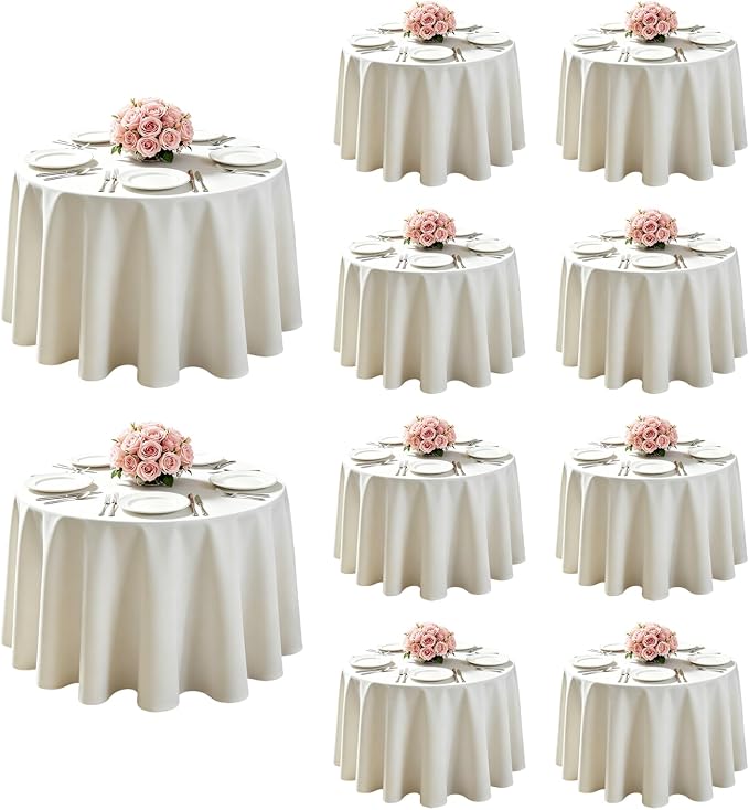 WIGENIUS 10 Pack Ivory Table Cloth Round Tablecloths 90 Inch,Polyester Table Cloth for 5 Foot Round Tables,Wrinkle Resistant Washable Fabric Table Covers for Party,Wedding Banquet