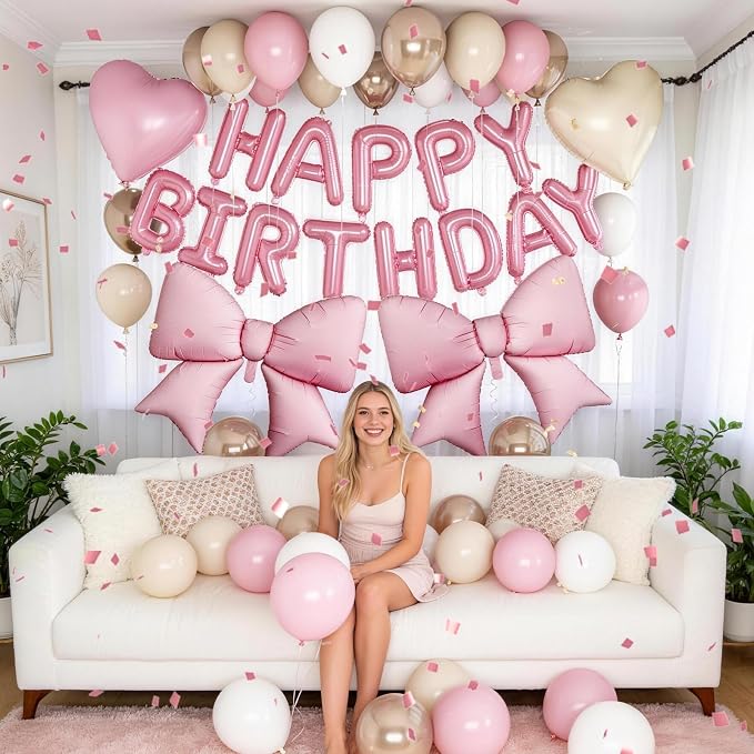 Boho Dusty Pink Bow Birthday Decorations for Women Girls, Blush Champagne Gold Sand White Cream Balloons Happy Birthday Banner Pink Coquette Foil Balloons Heart Balloon for Bday Party Supplies