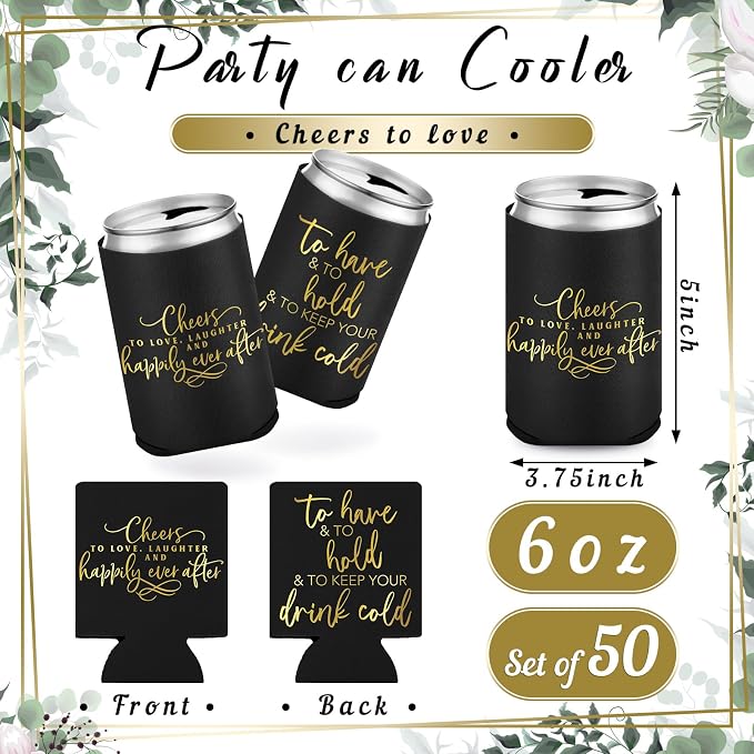 Qinyoung 50 Pieces Black Wedding Can Cooler Sleeves Bulk Engagement Party Favors for Guests Cheers to Love Laughter Happily Ever After Rehearsal Dinner Decorations for Wedding Bridal Party