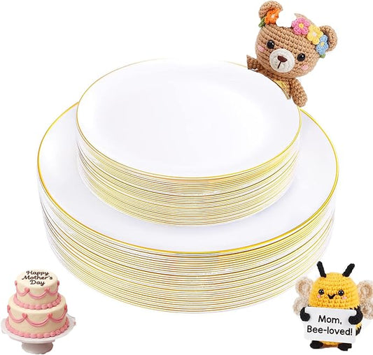 KIRE 60PCS Gold Plastic Plates - Heavy Duty White Disposable Plates with Gold Rim - Include 30Pieces 10.25inch Dinner Plate and 30Pcs 7.5inch Dessert Plate for Wedding/Mother's Day/Spring/Graduation